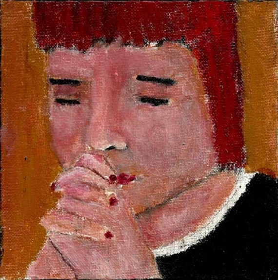 6x6 Acrylic Portrait Prayer Painting Religious Spiritual Little girl praying Hands clasped Yellow background Original painting no 4
