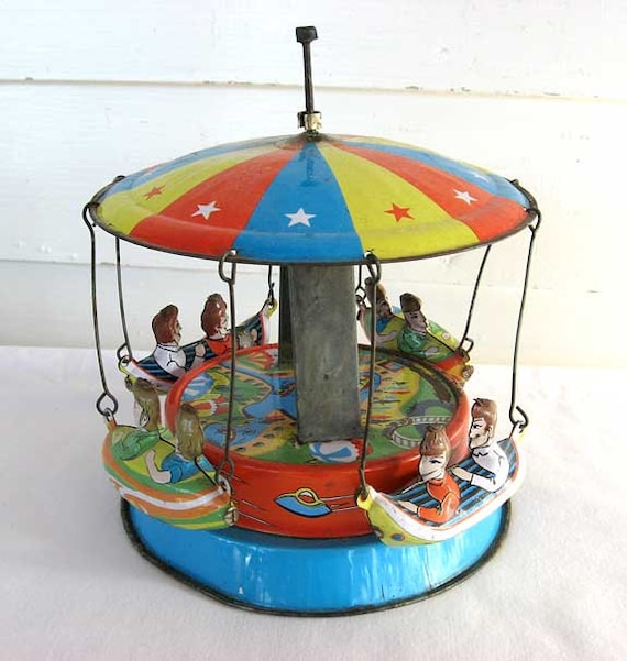 Vintage 194050 Tin Amusement Park Ride Mechanical Toy Boat