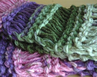 Chunky Hand Knit Scarf, Knitted Scarf, Knit Scarf, Fringe Scarf, Womens Scarf, Drop Stitch in Shades of Purple Green Pink Original Design