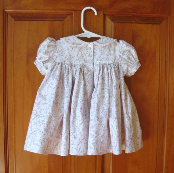 Hand smocked baby girl dress pink trailing roses on white Size