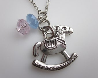Rocking Horse Necklace, Baby Rocking Horse Charm, Children's Toy's, Rocking Horse with Pink and Blue Crystals