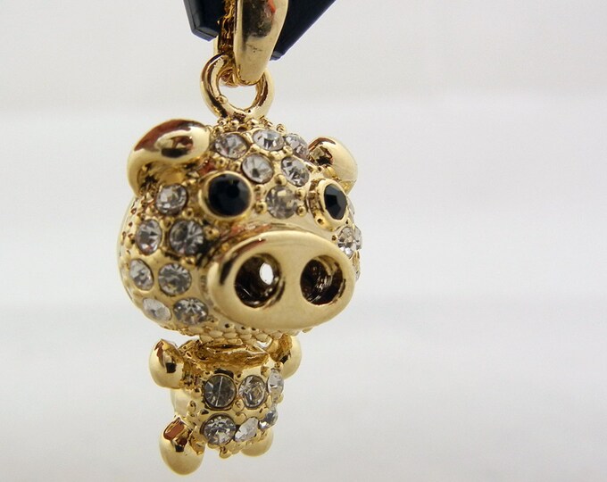 Gold-tone Dimensional Pig Pendant Rhinestone Encrusted