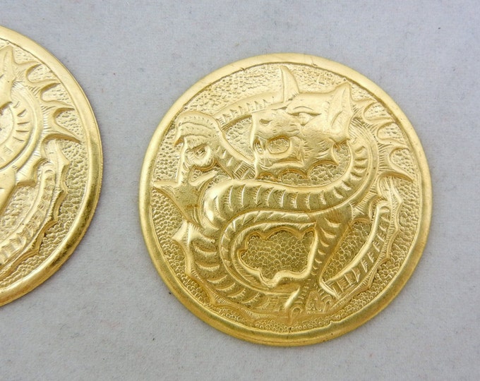 Two Large Round Brass Stampings with Embossed Dragon