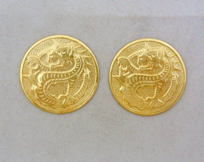 Two Large Round Brass Stampings with Embossed Dragon