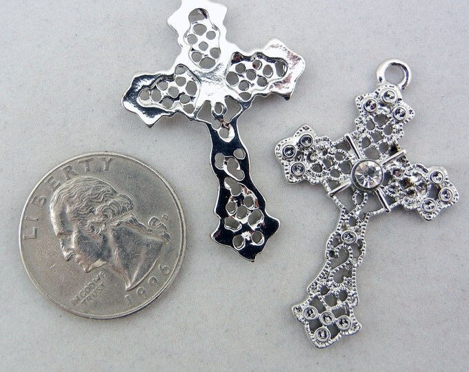 Pair of Silver-tone Filigree Cross Charms with Rhinestone Focal