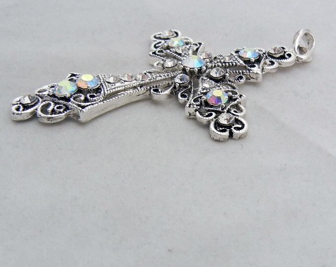 Filigree Antique Silver-tone Cross Pendant AB Rhinestone Accents