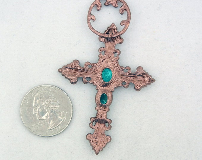 Copper-tone Cross with Emerald Green Rhinestones and Acrylic Faceted Gems