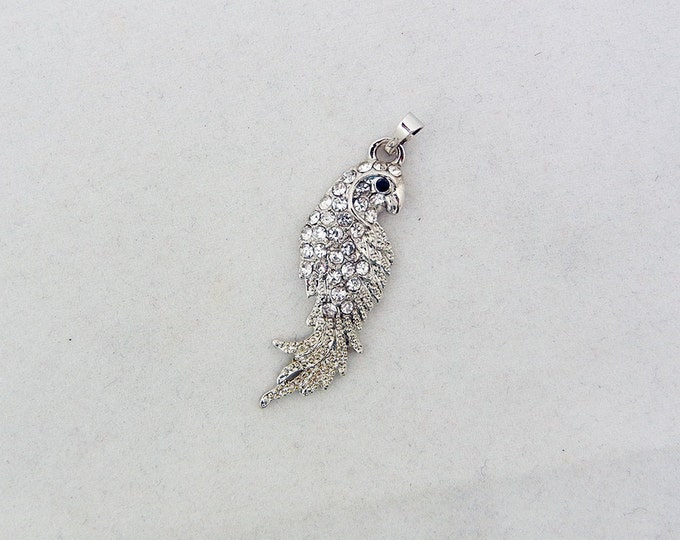 Small Silver-tone Parrot Bird Charm Pendant with Rhinestones