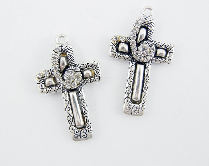 Pair of Antique Silver-tone Decorative Cross Charms Rhinestones