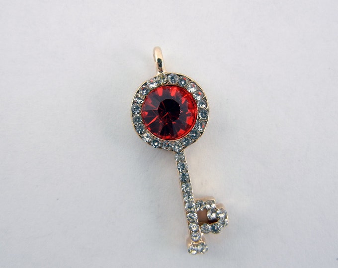 Small Red Rhinestone Skeleton Key Pendant Charm Gold-tone