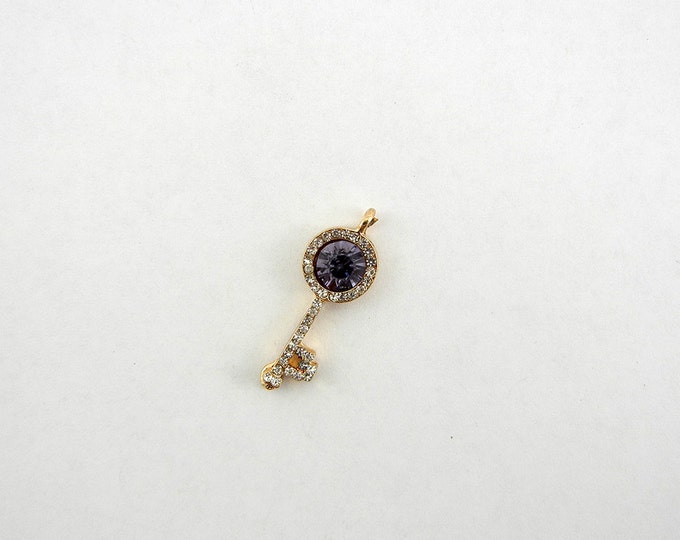 Small Purple Amethyst Rhinestone Skeleton Key Pendant Charm Gold-tone