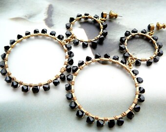 Bling no 3 wire wrapped hoop earrings - Swarovski crystal & brass
