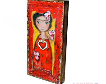 Frida and Her Sacred Heart- Giclee print mounted on Wood (5 x 10 inches) Folk Art by FLOR LARIOS