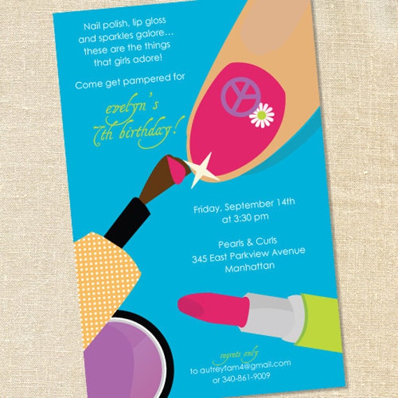 Sweet Wishes Girls Turquoise Manicure Pedicure Birthday Party Invitations - PRINTED - Digital File Also Available Il_570xn