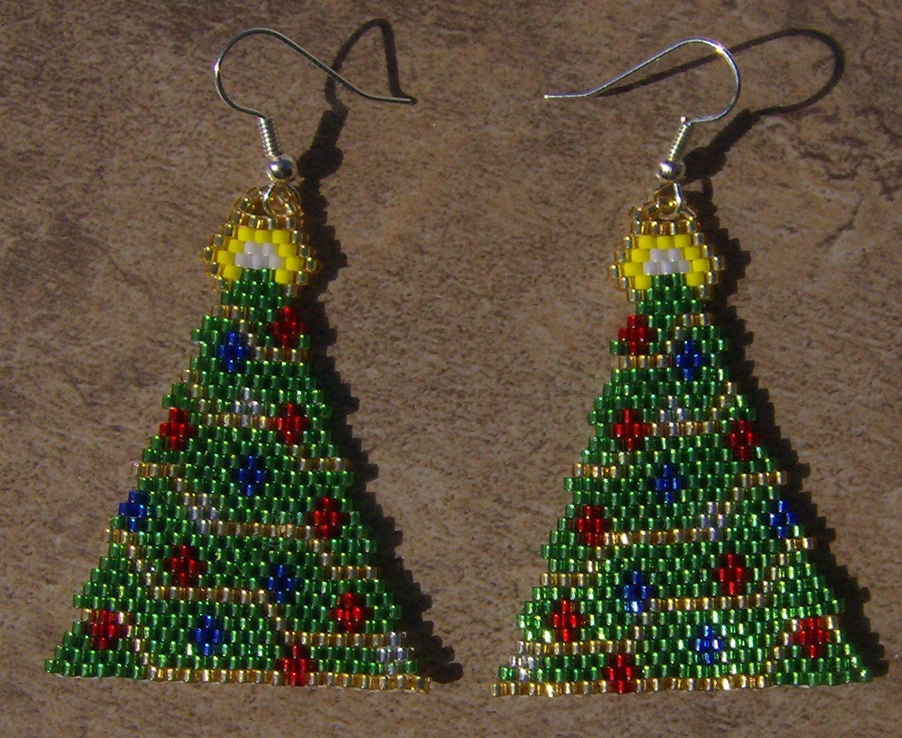 Christmas Tree Earrings Hand Made Seed Beaded