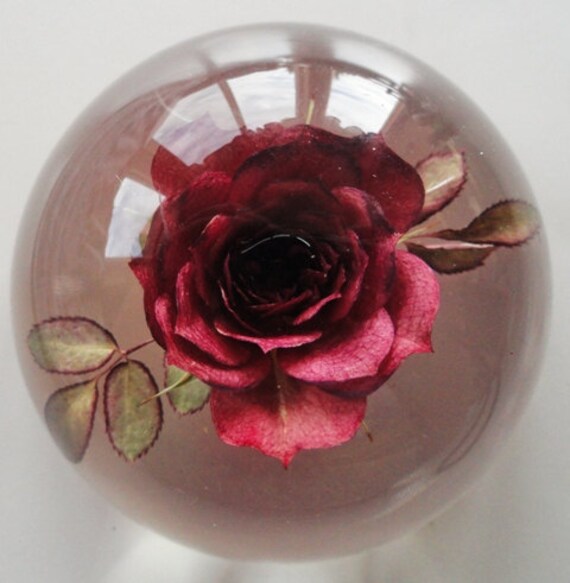 Vintage W ROLFE Lucite Paperweight Rose