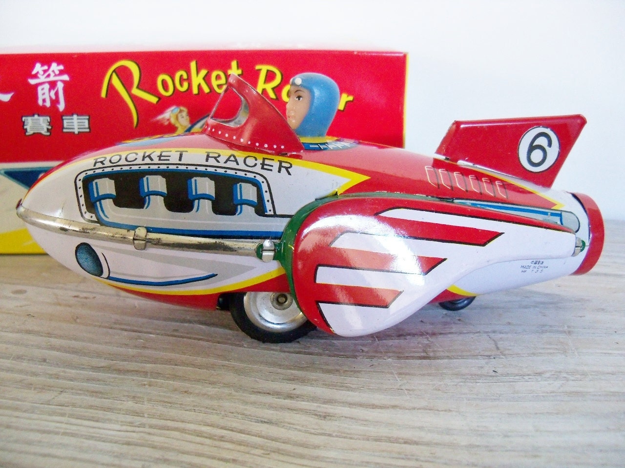 Vintage Tin Toy Rocket Racer Friction Siren Litho Rocket Car