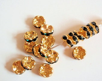 6 Grade AAA Dark Emerald Green Rhinestone Rondelle Spacer Beads, Jewelry making Bead Supply, Gold Plated Brass , Wavy Edge, 8mm Diameter
