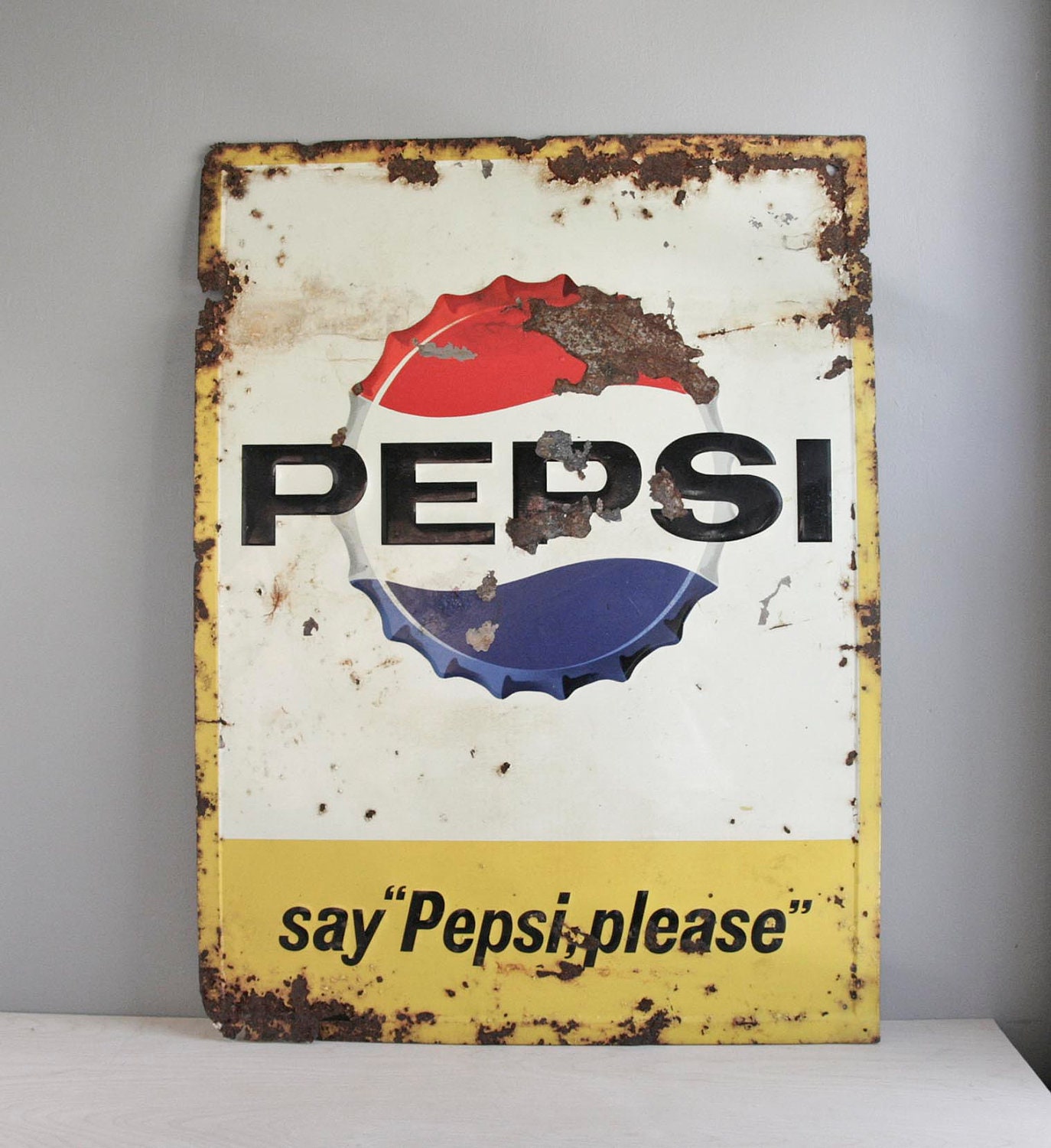 sale: large & rustic metal pepsi sign / magnetic board