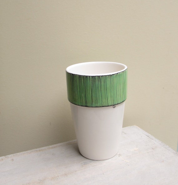 SALE // Tall mint green stripe ceramic vase pastel spring