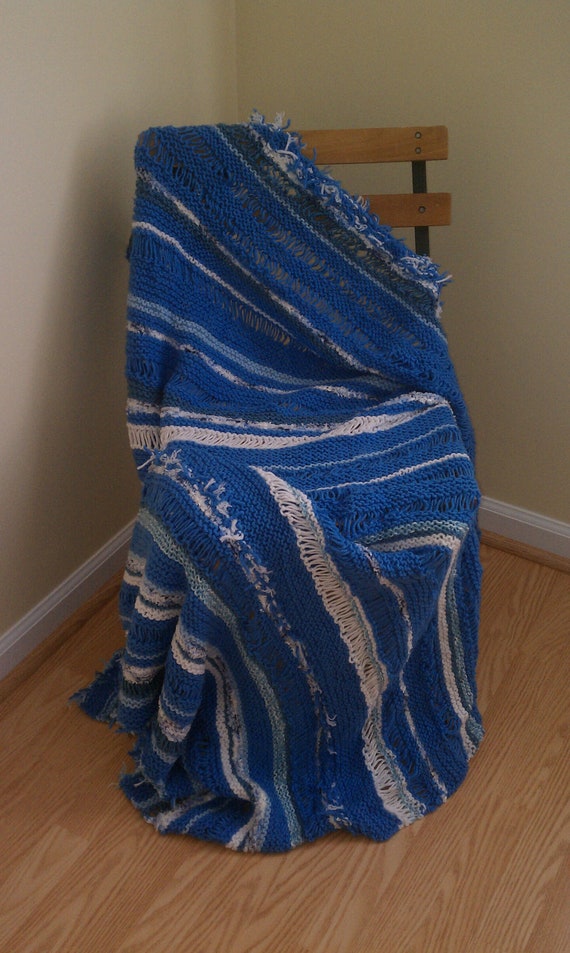 Items similar to Bright Blue and White Knitted Afghan / Throw/ Blanket