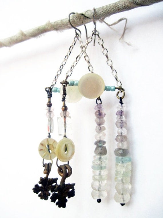 The Angel is Free. Antique Mop buttons and gemstone assemblage earrings.