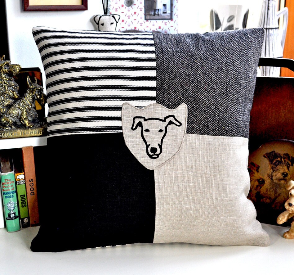 Whippet Greyhound Patchwork Cushion neutral colurway