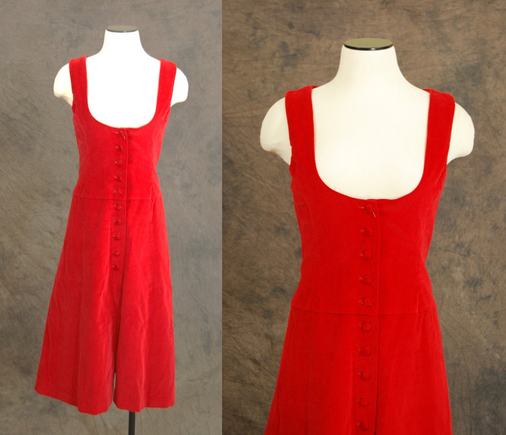 vintage 60s Jumper Dress Red Velvet Dirndl Pinafore by jessamity