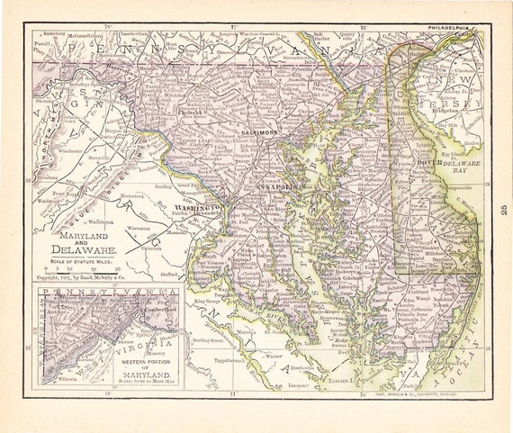 1900 State Map Maryland And Delaware Vintage Antique Map