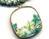 Porcelain Pendant on Green Tree Agate Necklace, Porcelain Jewelry - Handmade Jewelry by AnnaArt72