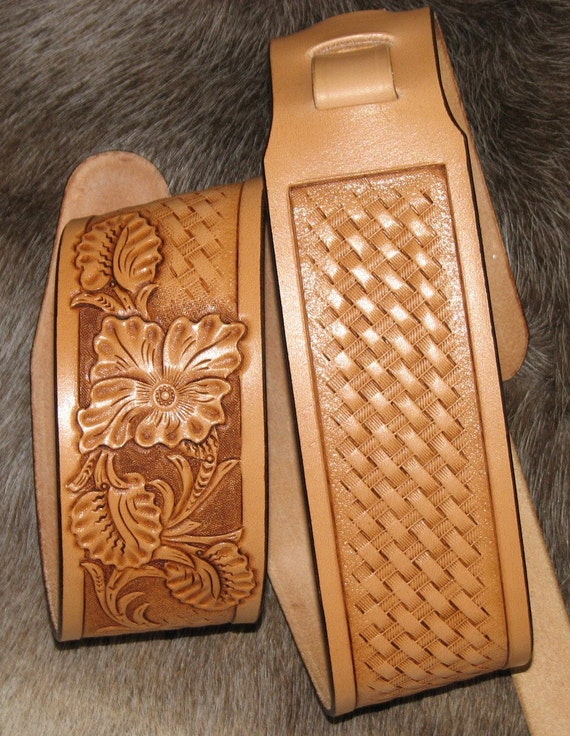 Hand Carved Leather Guitar Strap with Western Floral by WTLeather