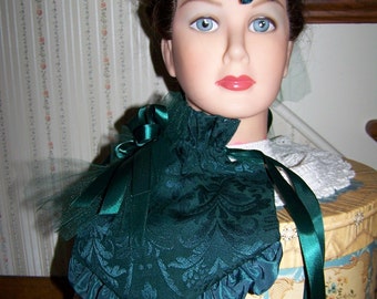 Civil War Hatand Reticule,Victorian Ladies,Green teardrop Brocade with Green Satin ruffle costume