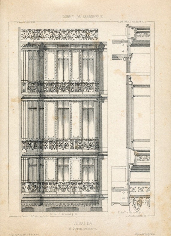1880 French Antique Engraving of Decorative and Architectural Metalwork. Veranda. Plate 1