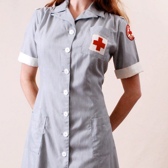 Vintage 40s 1940s Nurse Uniform Dress m/l Red Cross nursing