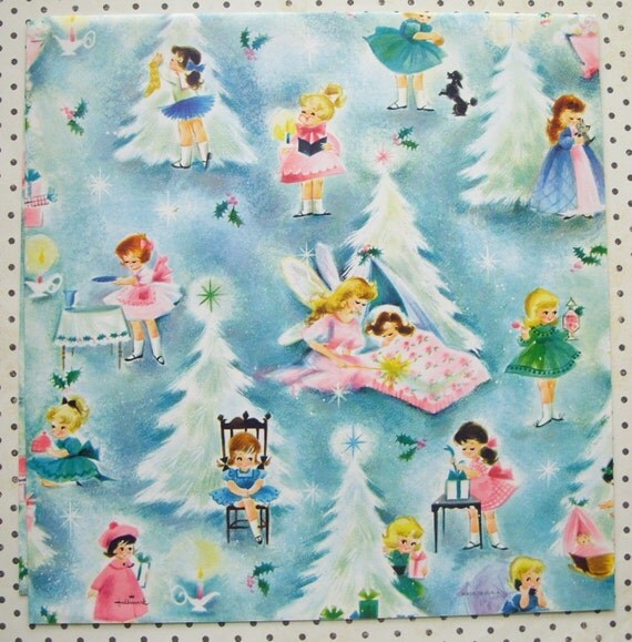Vintage Hallmark Little Girls on Christmas Wrapping Paper Full