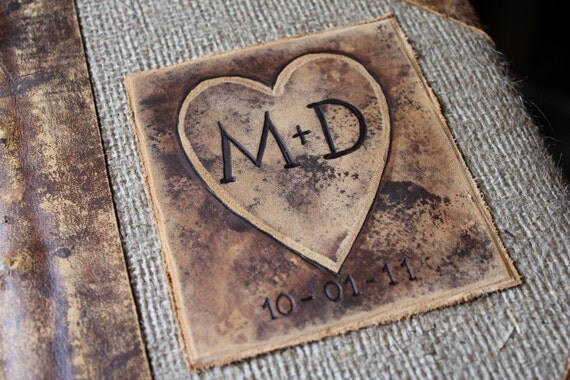 Custom Wedding Guest Book leather and burlap with heart and initials rustic wedding guest book bridal shower engagement anniversary