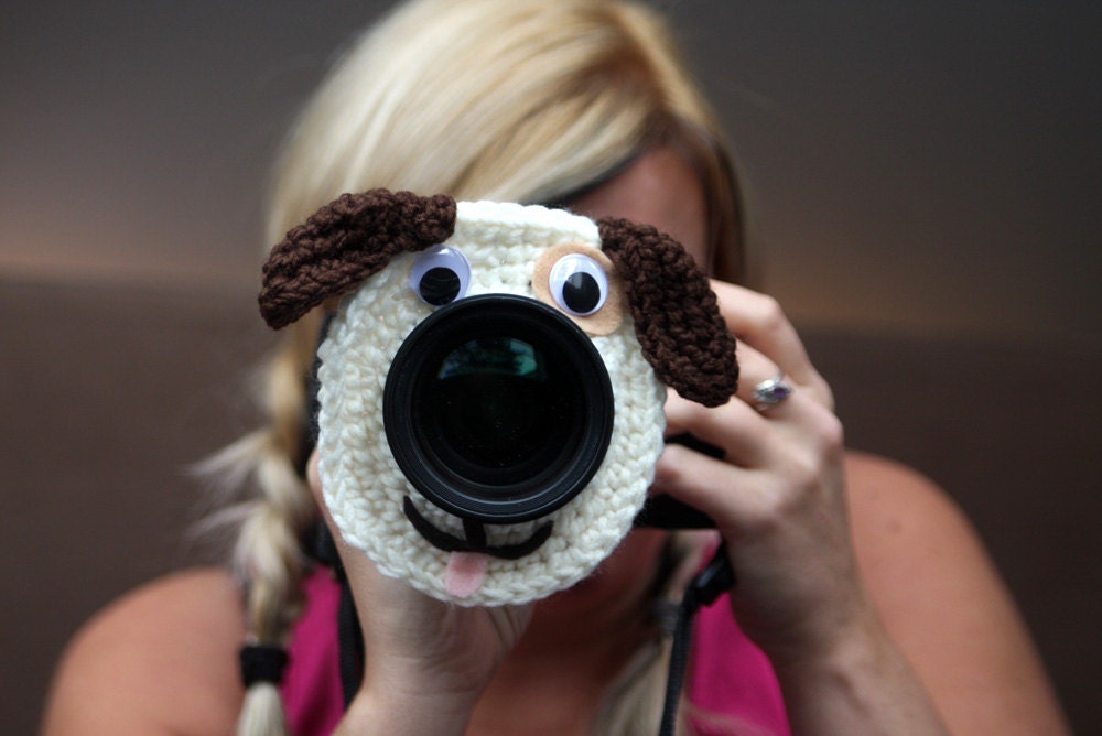 Camera lens buddy. Crochet lens critter puppy. Photographer