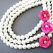 Reserved for Laura - Enamel Flower Necklace Navy Blue Jewelry Pearl Necklace Pink Jewelry Triple Strand Necklace
