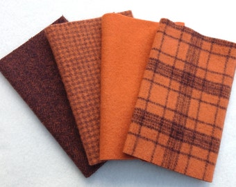 Hand Dyed Wool Felt, PUMPKIN , Four 6.5" x 16" pieces in Rich, Warm Oranges