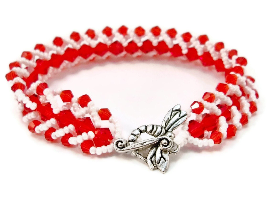 Red and White Beaded Bracelet Bead Woven Bracelet White and