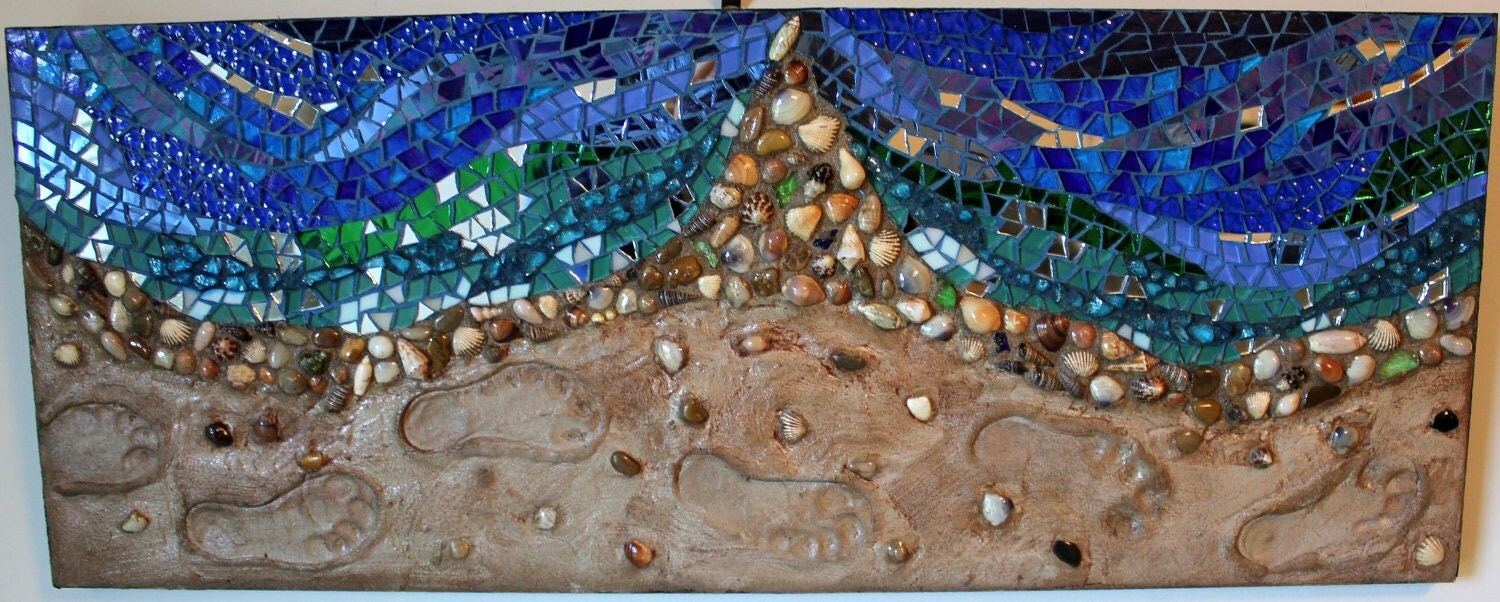 Mosaic Mixed Media Ocean Shoreline and Footprints