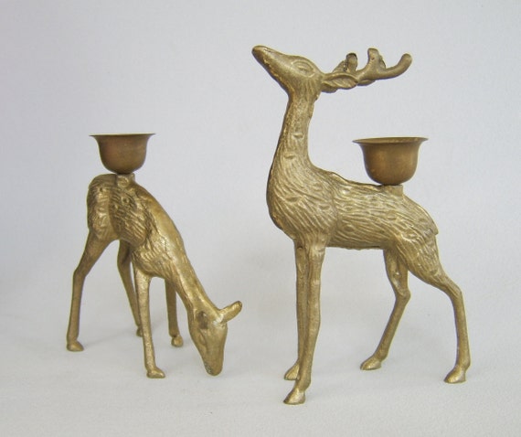 Vintage Brass Deer Candle Holders Set Woodland Holiday