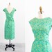vintage 1950s dress / 1960s dress / Tiffany Blue and Green Floral Damask Cocktail Dress with Huge Bow