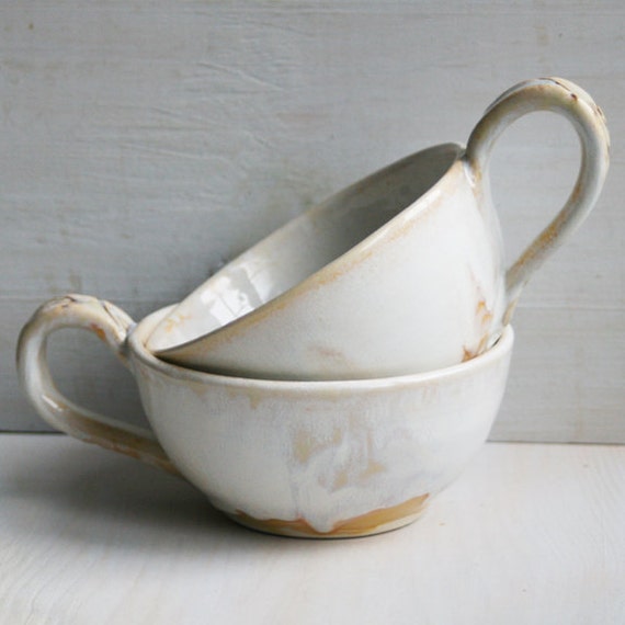 Pair of Rustic Handled Bowls Dripping White and Gold Glazed