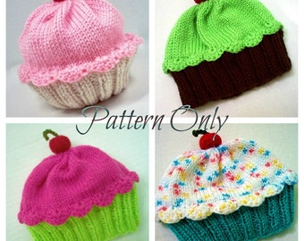 Knitting Pattern Cupcake Hat PDF INSTANT DOWNLOAD Cherry on Top diy Preemie Toddler Child Kids Adult sizes