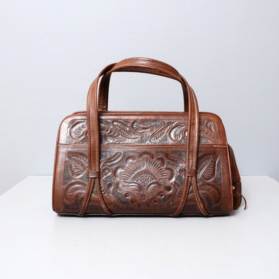 1970s Brown Tooled Leather Purse Floral by OldFaithfulVintage