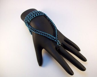 Handflower Slave Bracelet Sky Blue and Black Stretchy Unique Statement Jewelry or Renaissance Costume