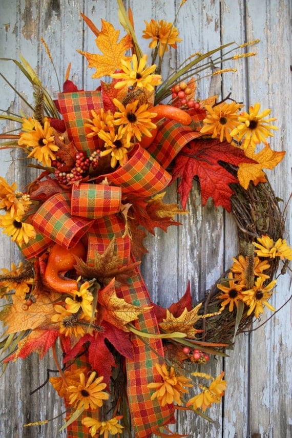 Fall Wreath Mini Sunflowers Gourds Fall by sweetsomethingdesign