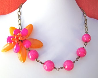 Orange pink gem flower necklace, pink gemstone flower jewelry, asymmetrical necklace with fuchsia and orange agate