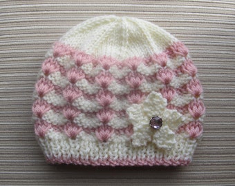 Instant Download Knitting Pattern #84 White and Pink Hat in Sizes 12 months and 2-4 years